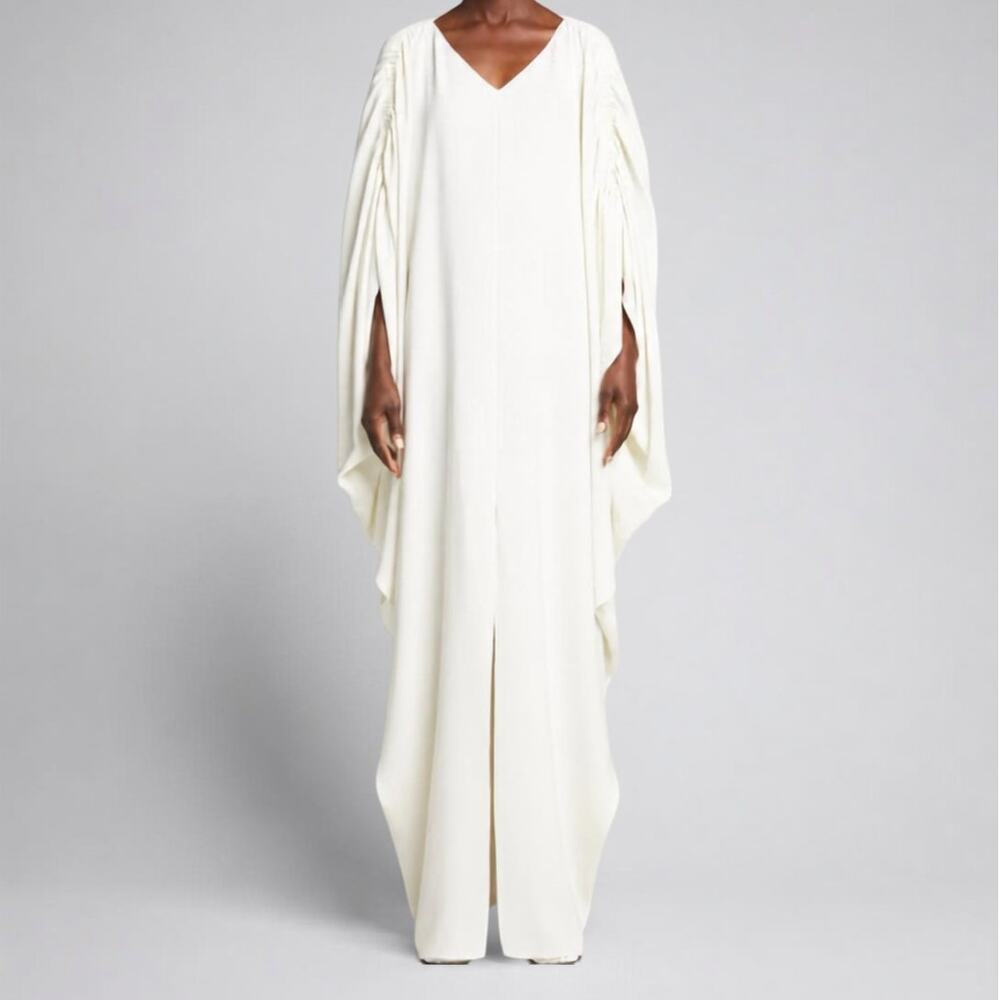 Oscar de la Renta (L) Ivory Ruched Shoulder Georgette Caftan Gown NWT Flowy Glam